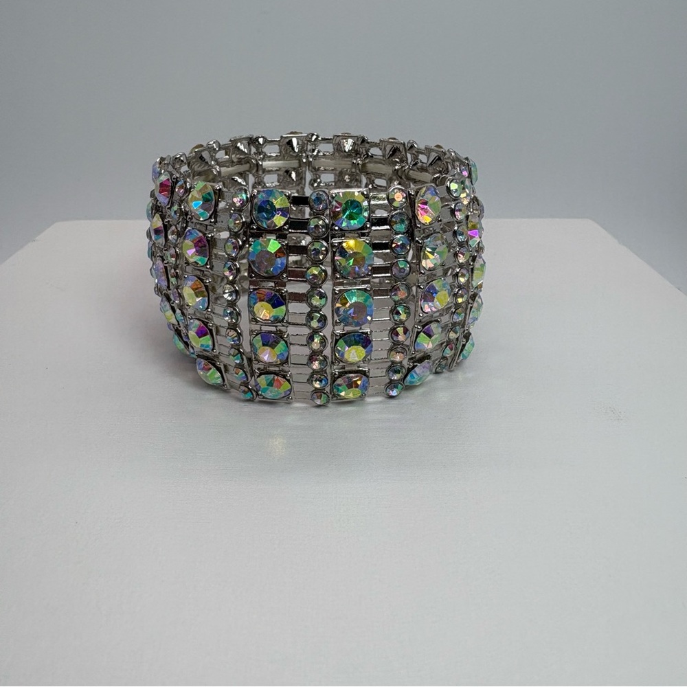 Wide AB Crystal Rhinestone Stretch Bracelet in Silver Tone, Brand New